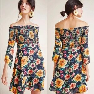 Farm Rio x Anthropologie Sasha Off-The-Shoulder Dress in‎ Black Floral Size XS